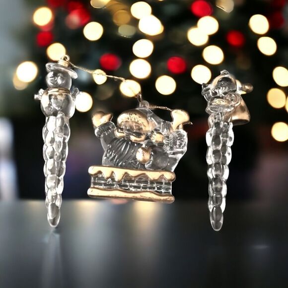 Acrylic Icicle Ornaments Lot x 3 Snowman Santa Claus Gold Trimmed Clear Lucite. - Picture 15 of 16